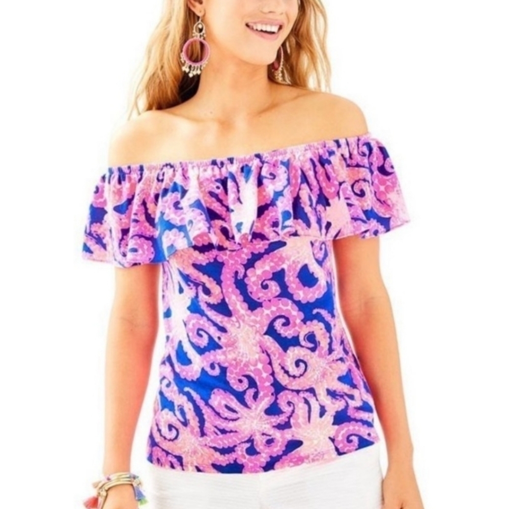 Lilly Pulitzer La Fortuna Off Shoulder Octopus Blouse XS